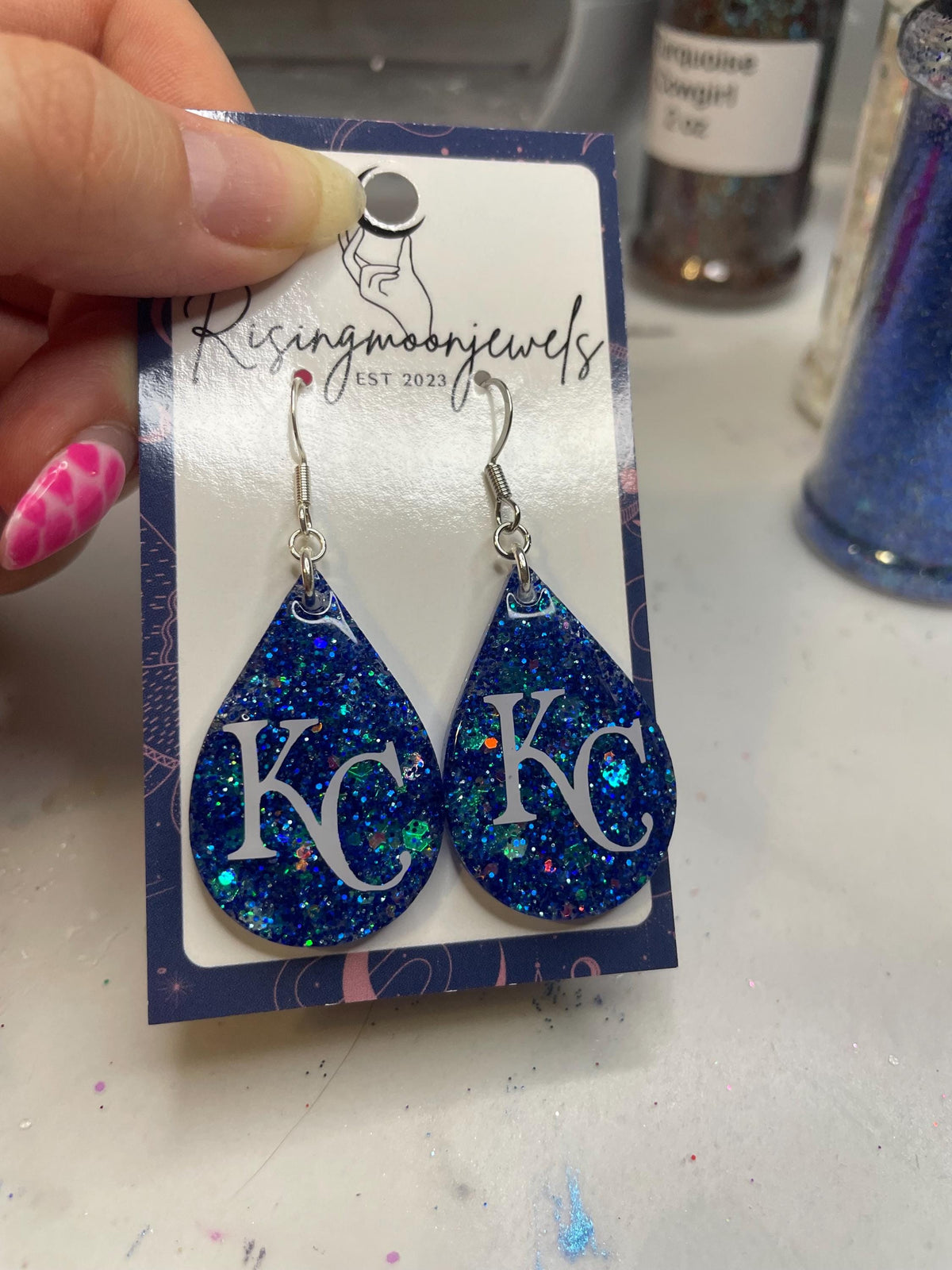 Royals Baseball Dangle Earrings: Glitter Resin Art, Hypoallergenic